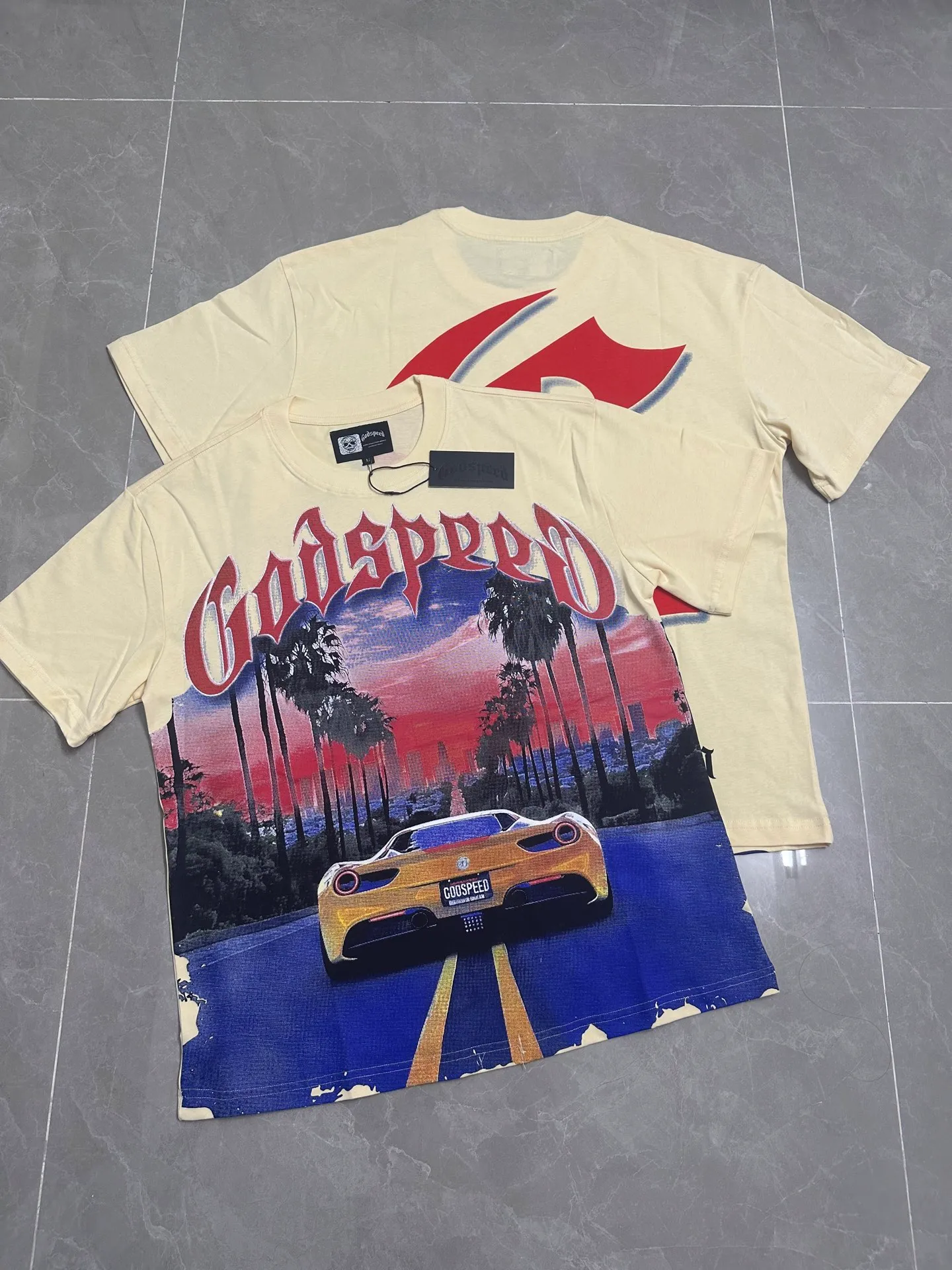 5089#apricot I P104 Godspeed cross-border American rock and roll street washed retro style short-sleeved T (craft printing) fabric (fabric) 32 counts combed double yarn 240 grams weight code number (size): S-M-L-XL color (colour): apricot