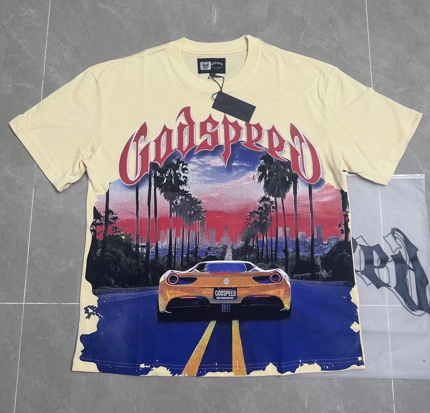 5089#apricot I P104 Godspeed cross-border American rock and roll street washed retro style short-sleeved T (craft printing) fabric (fabric) 32 counts combed double yarn 240 grams weight code number (size): S-M-L-XL color (colour): apricot