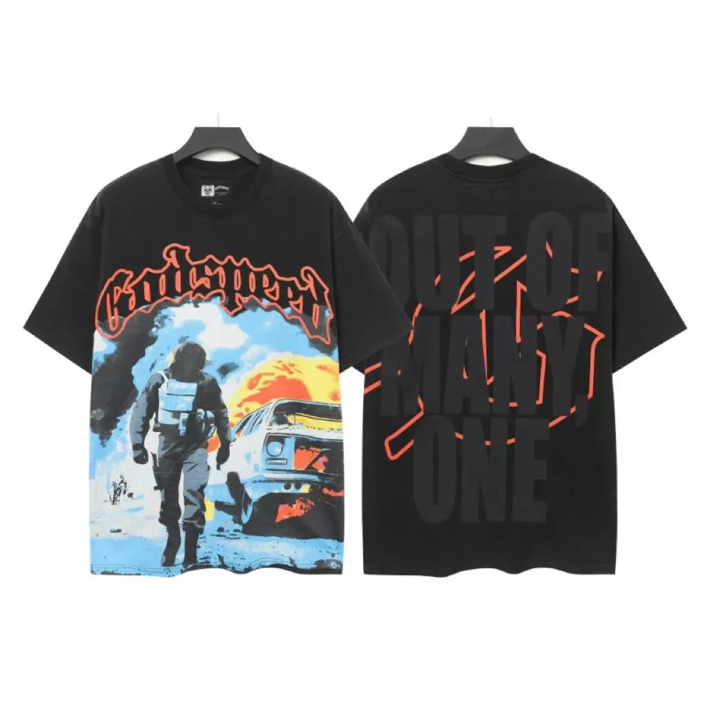 6028# Washed Black｜P116 Godspeed cross-border American rock and roll street washed retro style short-sleeved T (craft print) Fabric (fabric): 32 count combed double yarn 250 grams weight Size (size): S-M-L-XL Color (colour): Washed black 👉