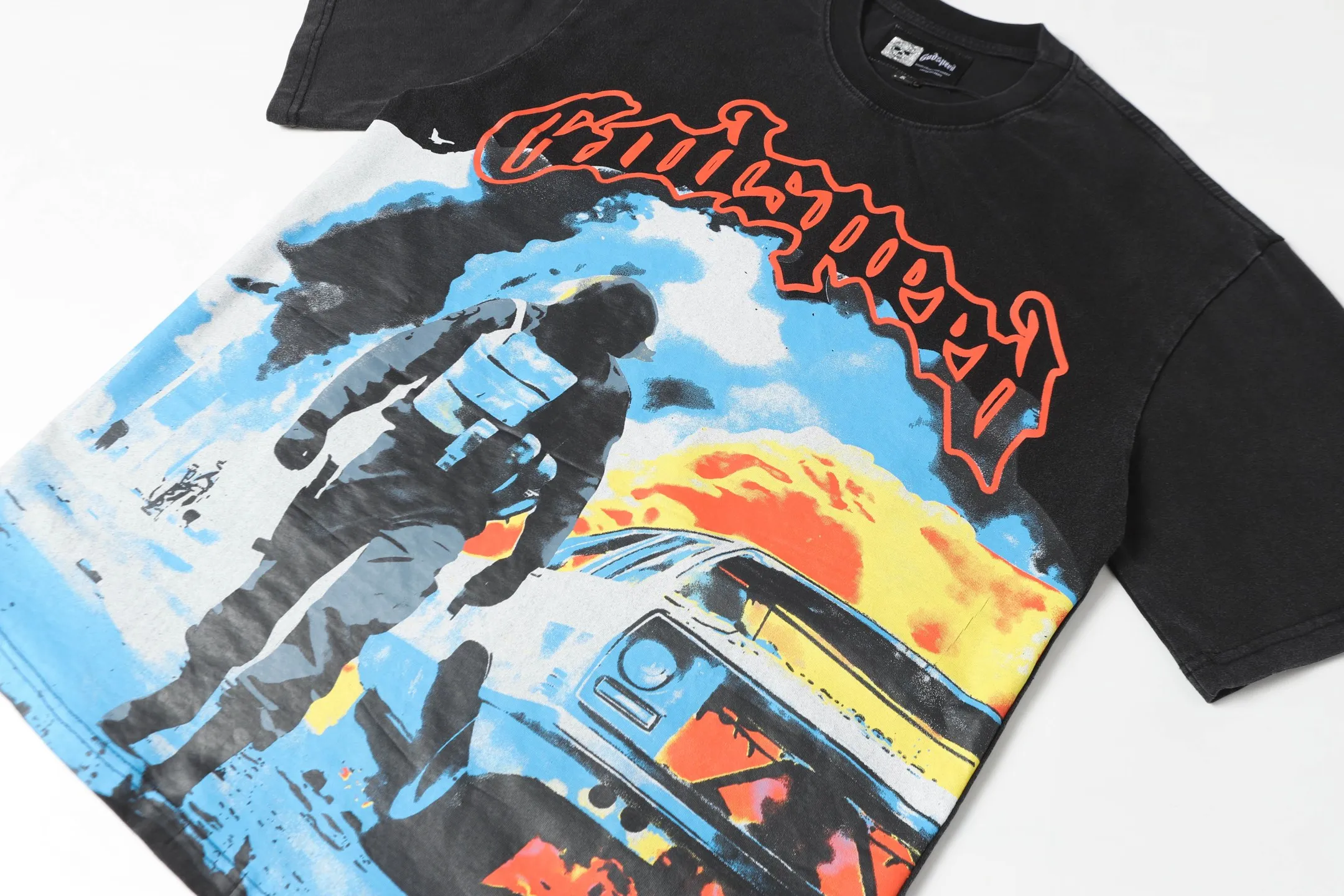 6028# Washed Black｜P116 Godspeed cross-border American rock and roll street washed retro style short-sleeved T (craft print) Fabric (fabric): 32 count combed double yarn 250 grams weight Size (size): S-M-L-XL Color (colour): Washed black 👉