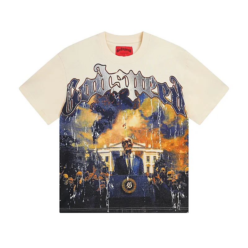 3010# P110 Real shot Godspeed American fashion rock street retro loose printed cotton short sleeves Fabric: 240g 32 count fine cotton double yarn pure cotton Color: off-white apricot Size: S M L XL