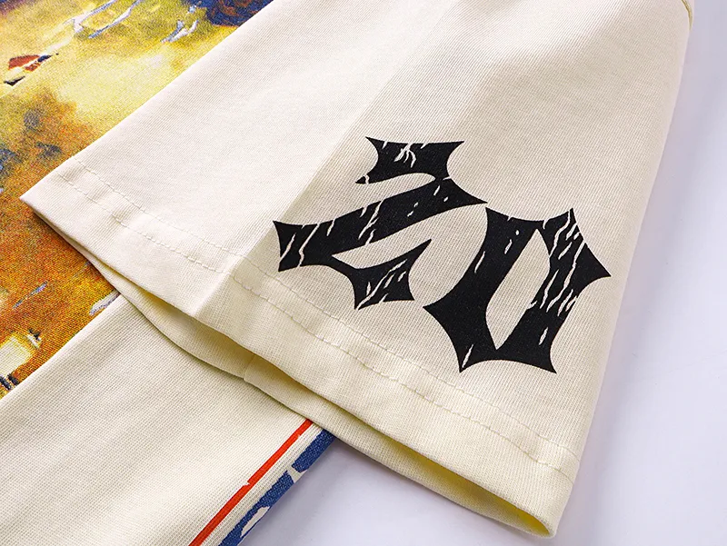 3010# P110 Real shot Godspeed American fashion rock street retro loose printed cotton short sleeves Fabric: 240g 32 count fine cotton double yarn pure cotton Color: off-white apricot Size: S M L XL