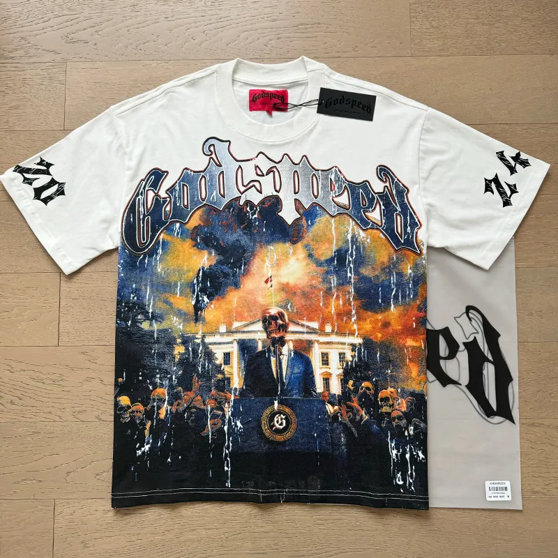 3010# P110 Real shot Godspeed American fashion rock street retro loose printed cotton short sleeves Fabric: 240g 32 count fine cotton double yarn pure cotton Color: off-white apricot Size: S M L XL
