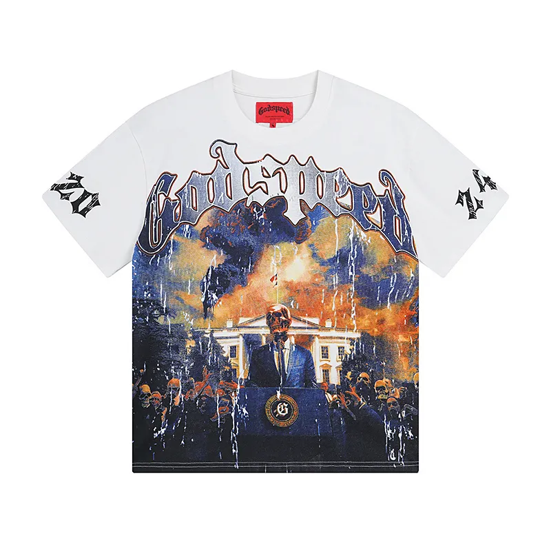 3010# P110 Real shot Godspeed American fashion rock street retro loose printed cotton short sleeves Fabric: 240g 32 count fine cotton double yarn pure cotton Color: off-white apricot Size: S M L XL