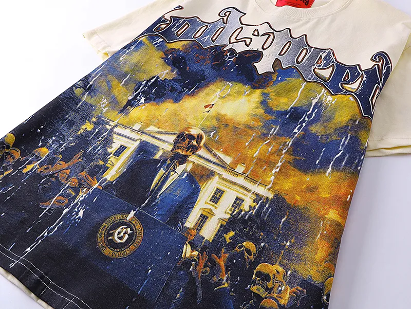 3010# P110 Real shot Godspeed American fashion rock street retro loose printed cotton short sleeves Fabric: 240g 32 count fine cotton double yarn pure cotton Color: off-white apricot Size: S M L XL