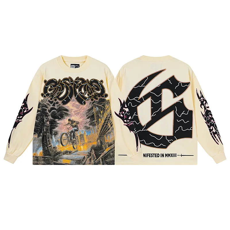 3173# P140 Real shot of Godspeed American trendy rock and roll street pure cotton loose bottoming long-sleeved T-shirt long T. Fabric: 270g 32 count fine cotton double yarn pure cotton Color: Apricot Code number: S M L XL