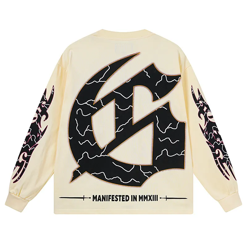 3173# P140 Real shot of Godspeed American trendy rock and roll street pure cotton loose bottoming long-sleeved T-shirt long T. Fabric: 270g 32 count fine cotton double yarn pure cotton Color: Apricot Code number: S M L XL