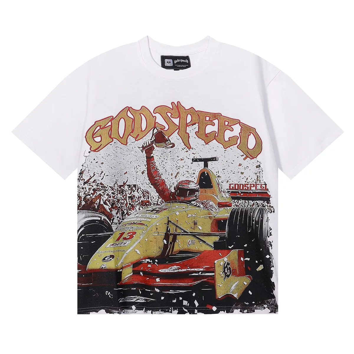 Batch 106, No. 7087, Mechao Godspeed racing championship scene printed high-quality double yarn pure cotton casual short-sleeved T-shirt Color: black, white; Size: S M L XL