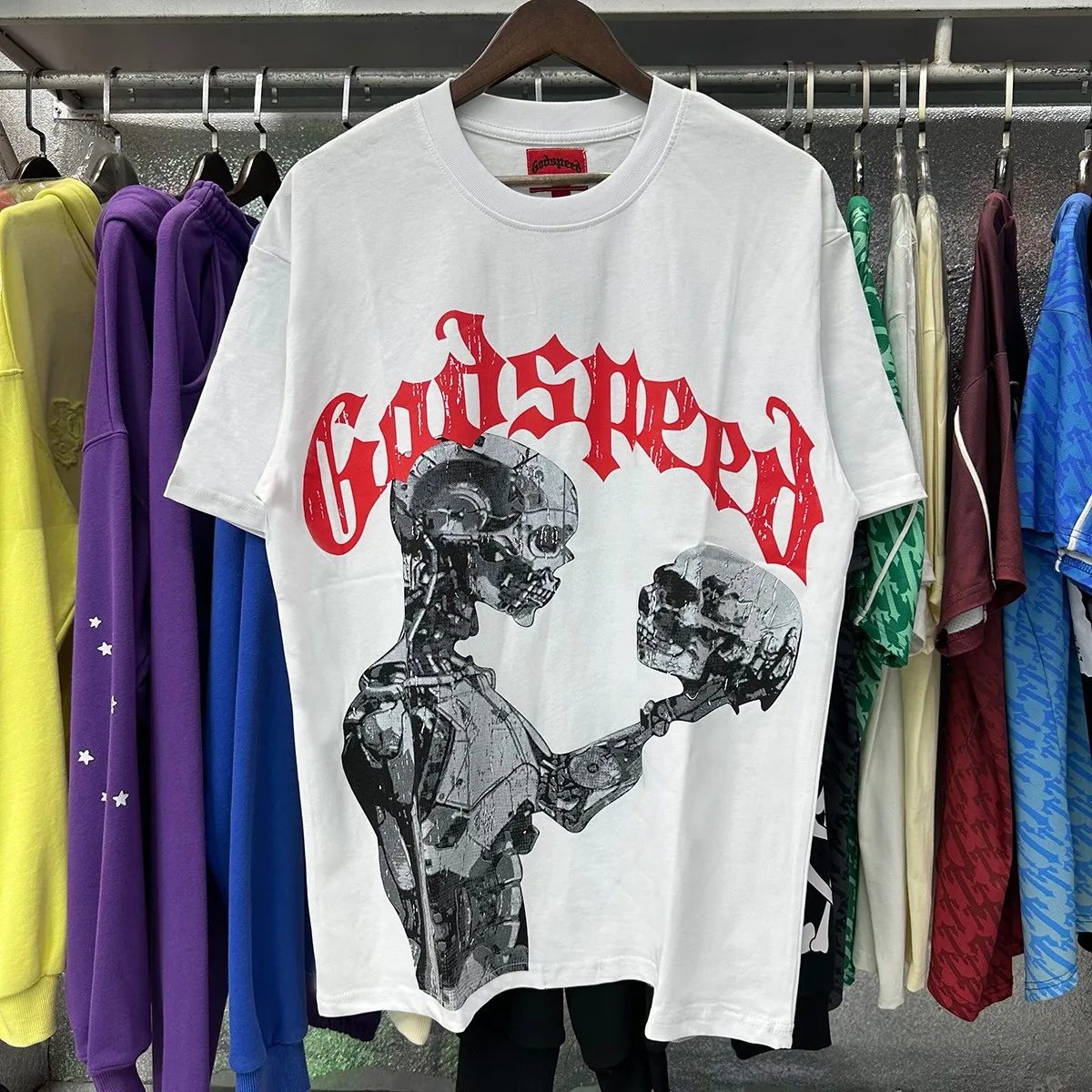 Actual photo, No. 7038, 2025 Meichao Godspeed Technology Staring Skull Print High Quality Double Yarn Pure Cotton Casual Short Sleeve T Batch 110 Color: Black, White; Size: S M L XL