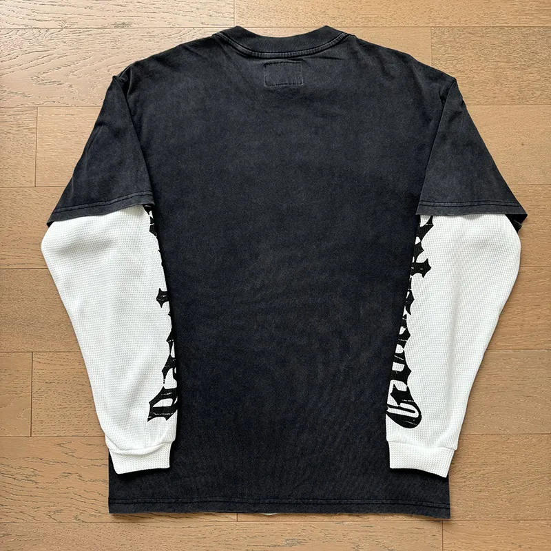 1156# P170 Real shot of Godspeed American fashion street retro washed and distressed fake two-piece pure cotton long T. Fabric: 270g 32 count fine cotton double yarn pure cotton Color: washed black Size: S M L XL