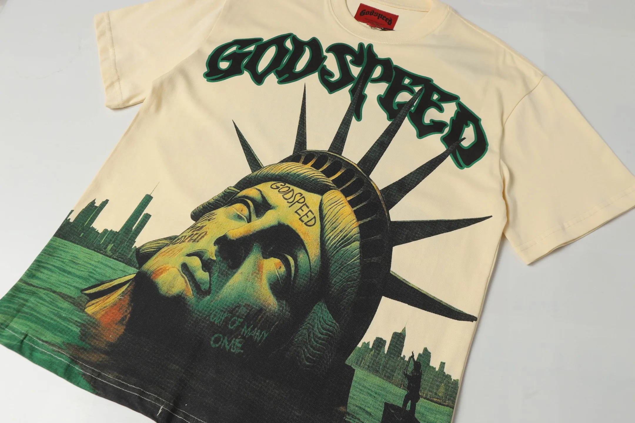 5043#apricot|P104 Godspeed cross-border American rock and roll street washed retro style short-sleeved T (craft printing) fabric (fabric) 32-count combed double yarn 240 grams weight code number (size): S-M-L-XL color (colour): apricot