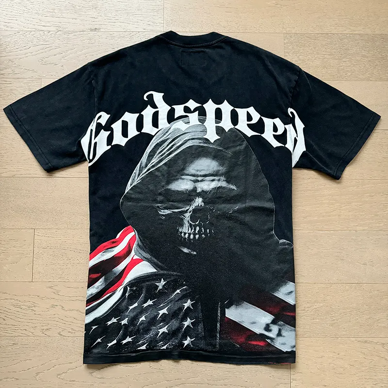 1088# P126 Washed Black Real Shot Godspeed American Fashion Rock Street Retro Washed Distressed Printed Pure Cotton Short Sleeves Fabric: 250g 32 Count Fine Cotton Double Yarn Pure Cotton Color: Washed Black Size: S M L XL