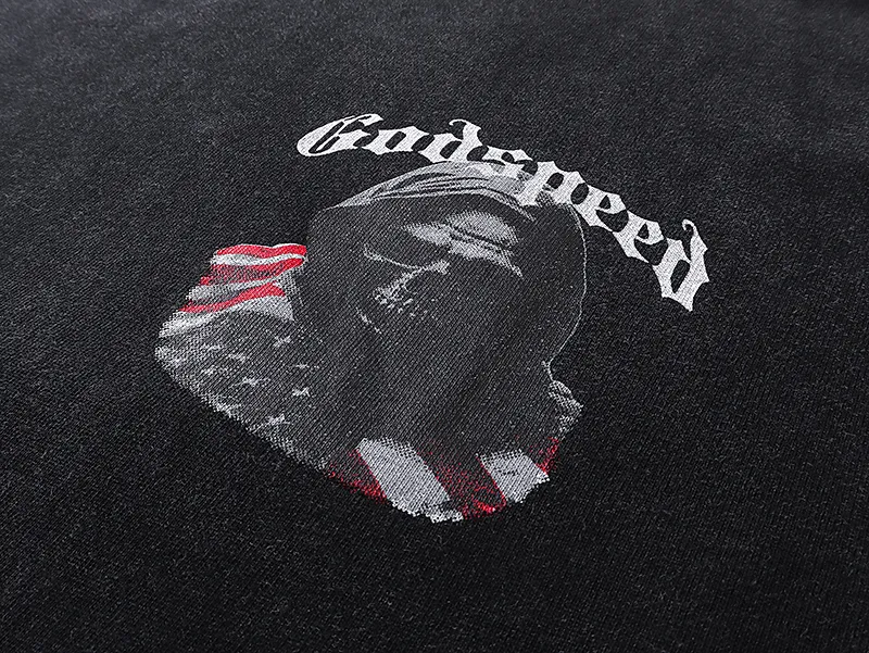 1088# P126 Washed Black Real Shot Godspeed American Fashion Rock Street Retro Washed Distressed Printed Pure Cotton Short Sleeves Fabric: 250g 32 Count Fine Cotton Double Yarn Pure Cotton Color: Washed Black Size: S M L XL