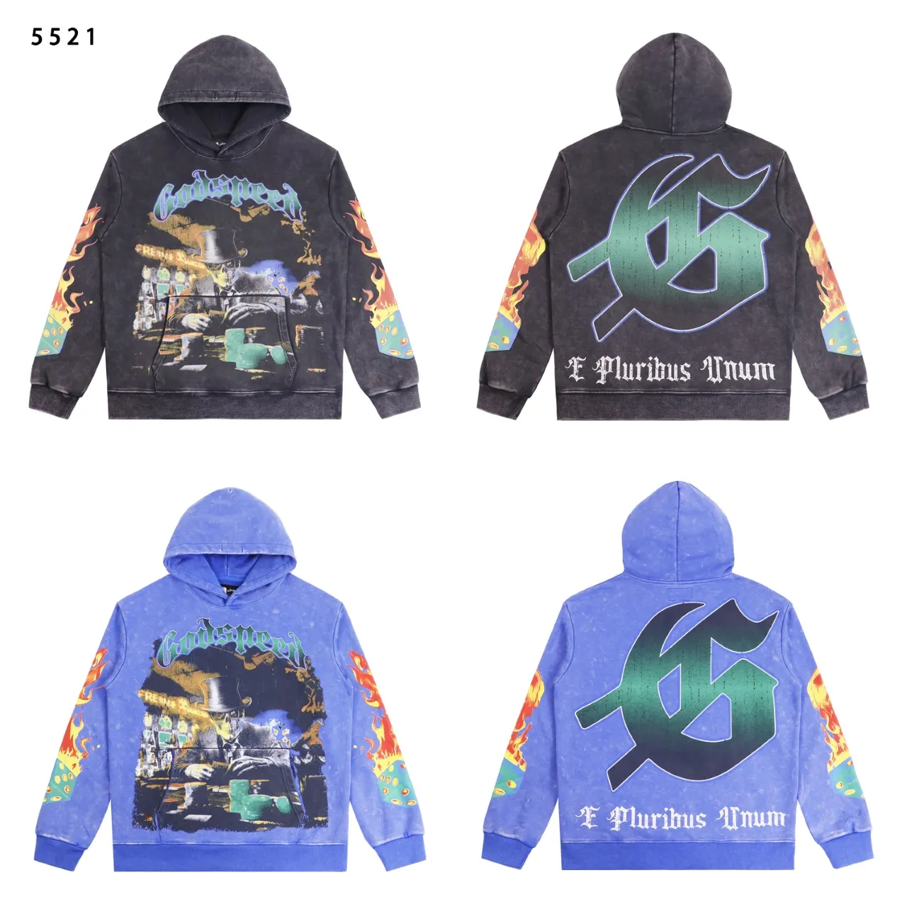 P196 Actual shot of the trendy Godspeed guitar skull denim print high quality terry sweatshirt hoodie color; washed black washed blue code number: S M L XL