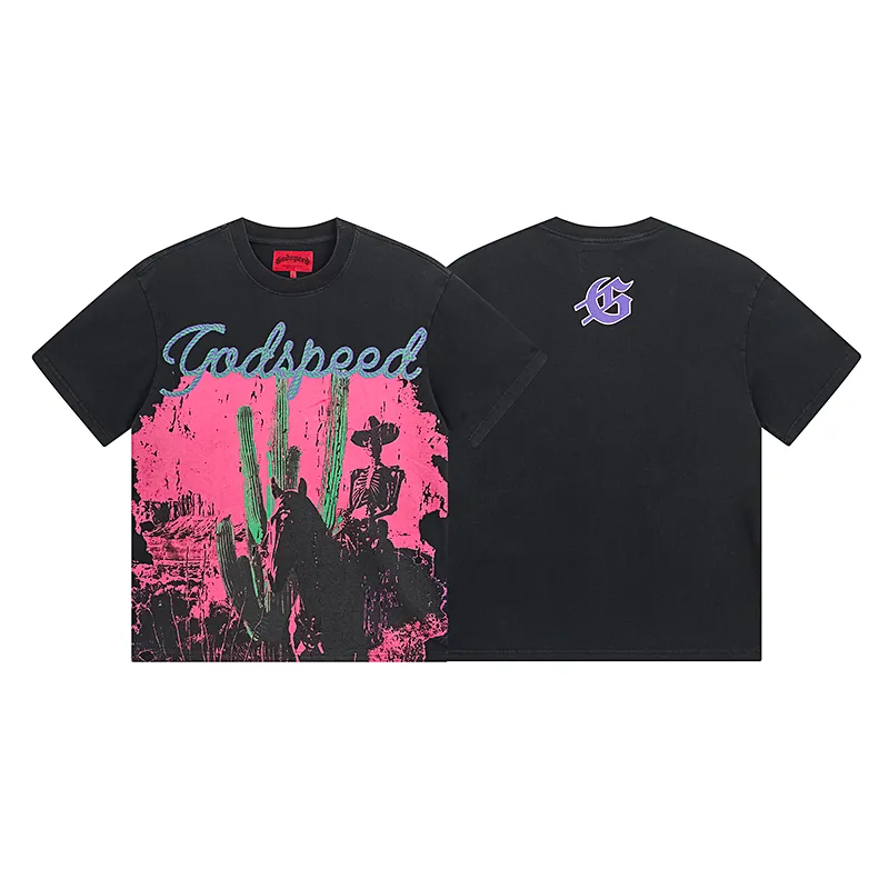 1058# P126 Washed Black Real Shot Godspeed American Fashion Rock Street Retro Washed Distressed Printed Pure Cotton Short Sleeves Fabric: 250g 32 Count Fine Cotton Double Yarn Pure Cotton Color: Washed Black Size: S M L XL