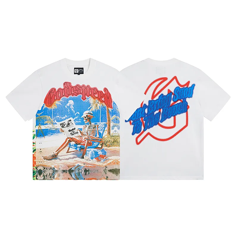 3022# P110 Real shot Godspeed American fashion rock street retro loose printed cotton short sleeves Fabric: 240g 32 count fine cotton double yarn pure cotton Color: off-white Size: S M L XL
