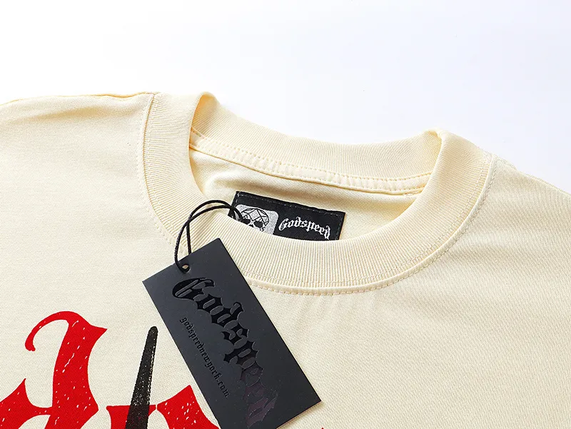 3127# P106 Real shot Godspeed American fashion rock street retro loose printed cotton short sleeves Fabric: 240g 32 count fine cotton double yarn pure cotton Color: apricot Size: S M L XL
