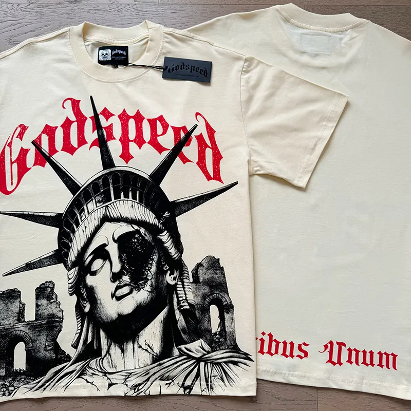 3127# P106 Real shot Godspeed American fashion rock street retro loose printed cotton short sleeves Fabric: 240g 32 count fine cotton double yarn pure cotton Color: apricot Size: S M L XL