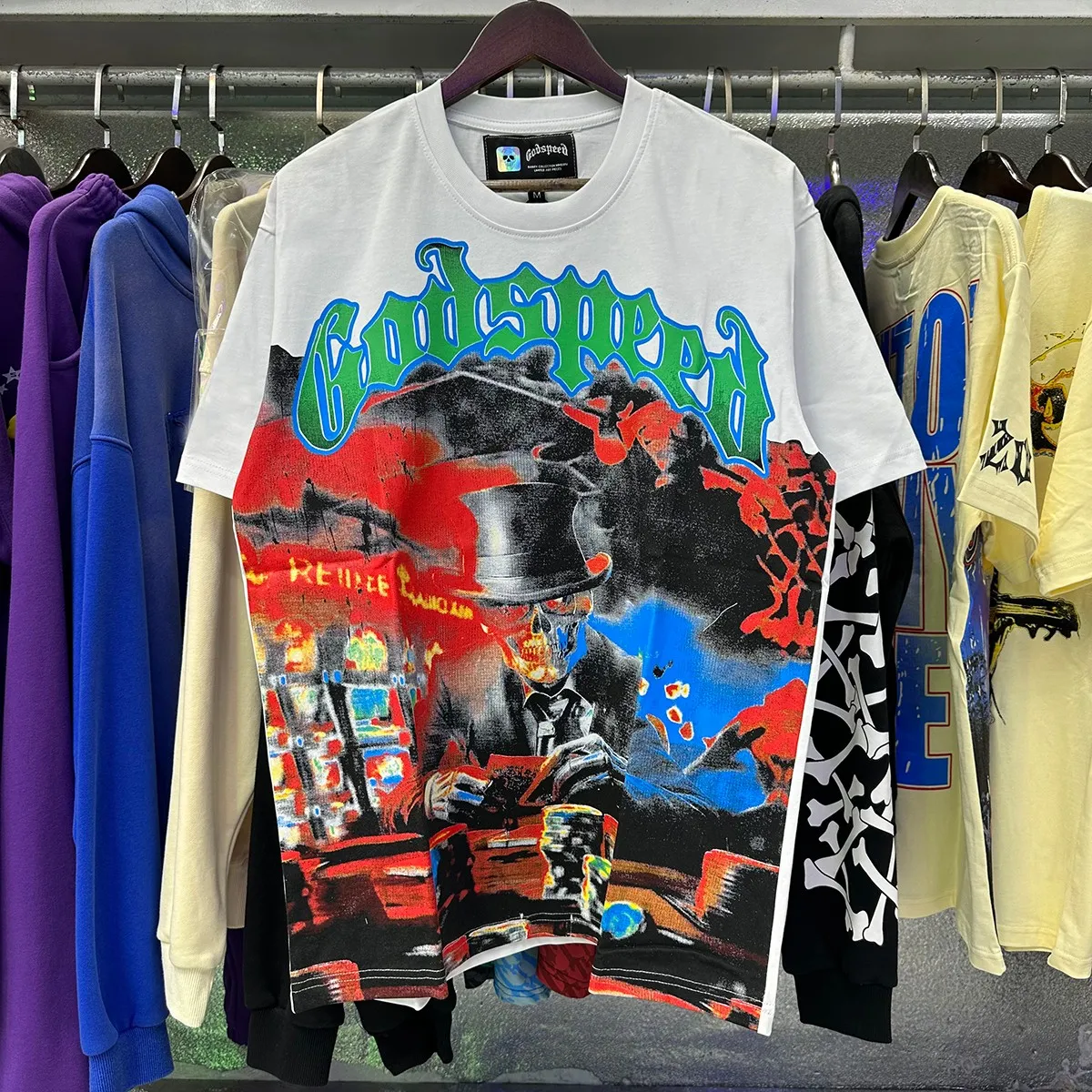 No. 7026, real shot, beautiful Godspeed card magician print high quality double yarn pure cotton casual round neck short-sleeved T-shirt batch 110 Color: black, white; Size: S M L XL