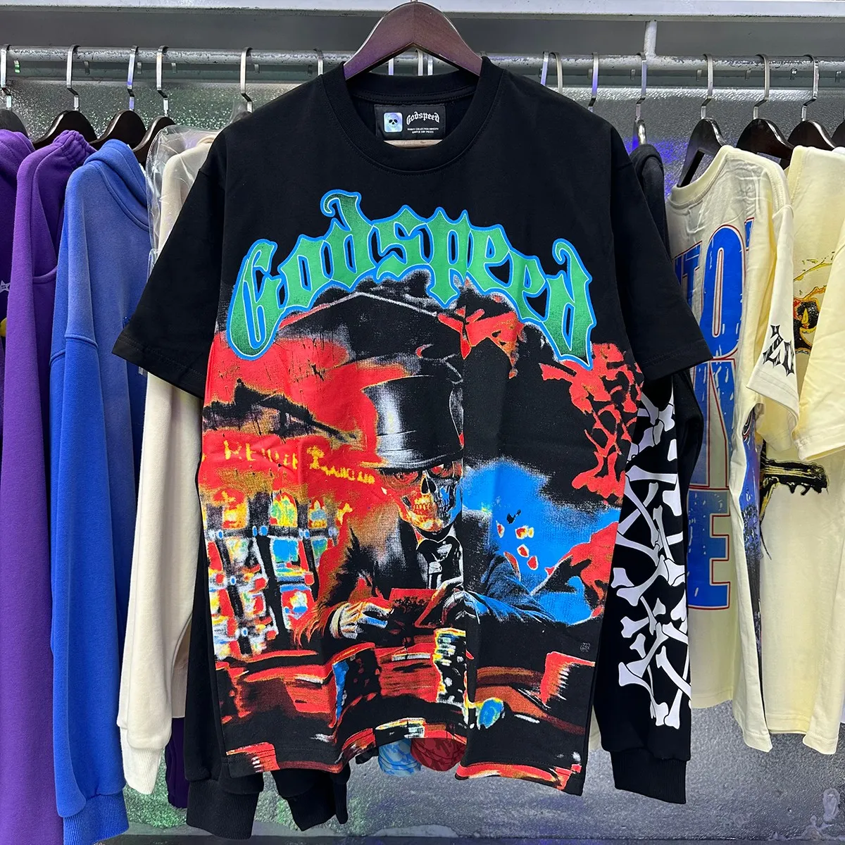 No. 7026, real shot, beautiful Godspeed card magician print high quality double yarn pure cotton casual round neck short-sleeved T-shirt batch 110 Color: black, white; Size: S M L XL