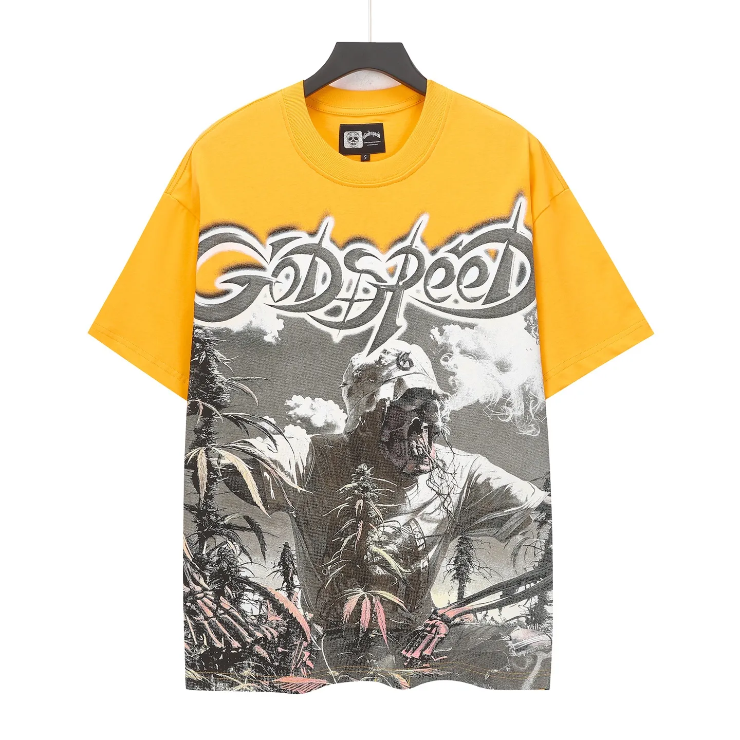 5100# Brown/Sea Blue/Golden Yellow I P106 Godspeed Cross-Border American Rock Street Washed Retro Style Short Sleeve T (Craft Print) Fabric (fabric) 32 Count Combed Double Yarn 240 Grams Size (size): S-M-L-XL Color (colour): Brown/Sea Blue/Golden Yellow 👉