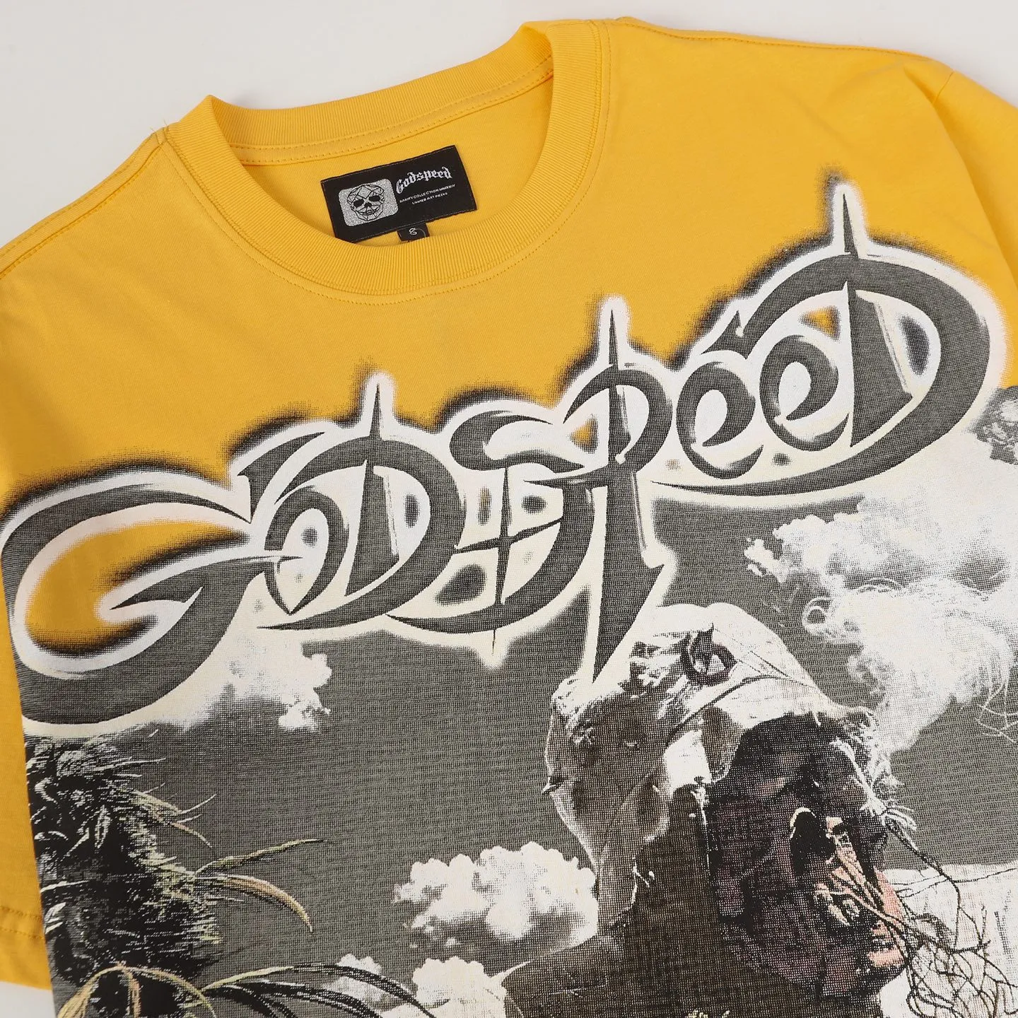 5100# Brown/Sea Blue/Golden Yellow I P106 Godspeed Cross-Border American Rock Street Washed Retro Style Short Sleeve T (Craft Print) Fabric (fabric) 32 Count Combed Double Yarn 240 Grams Size (size): S-M-L-XL Color (colour): Brown/Sea Blue/Golden Yellow 👉