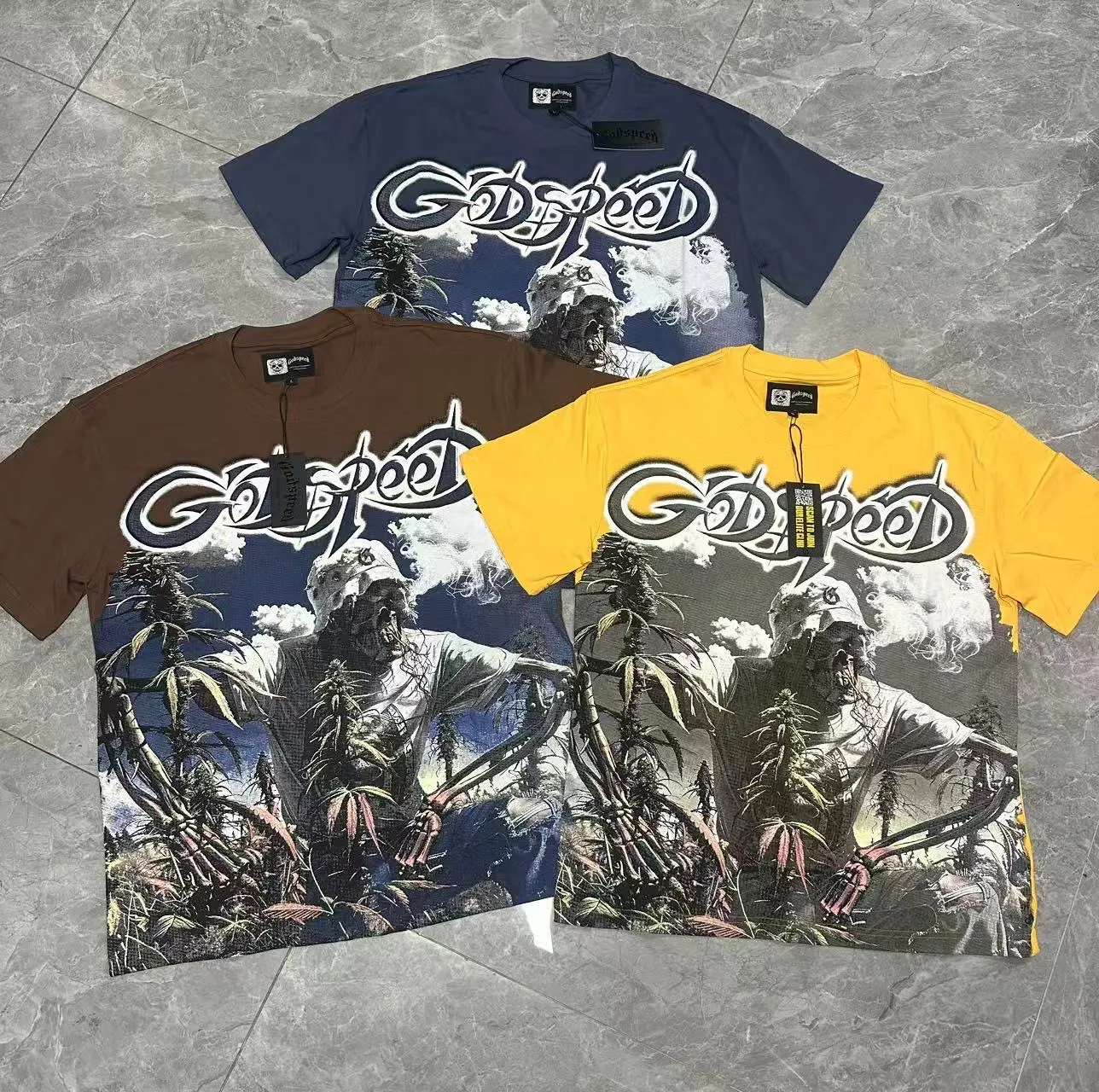 5100# Brown/Sea Blue/Golden Yellow I P106 Godspeed Cross-Border American Rock Street Washed Retro Style Short Sleeve T (Craft Print) Fabric (fabric) 32 Count Combed Double Yarn 240 Grams Size (size): S-M-L-XL Color (colour): Brown/Sea Blue/Golden Yellow 👉