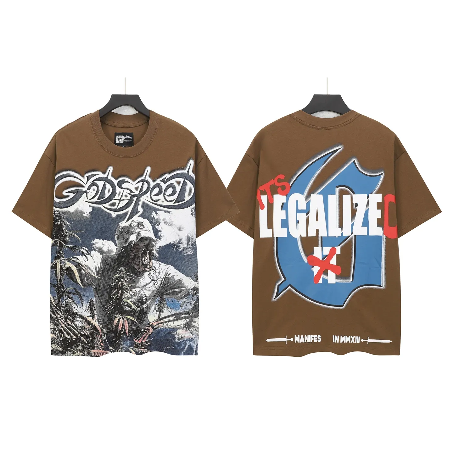 5100# Brown/Sea Blue/Golden Yellow I P106 Godspeed Cross-Border American Rock Street Washed Retro Style Short Sleeve T (Craft Print) Fabric (fabric) 32 Count Combed Double Yarn 240 Grams Size (size): S-M-L-XL Color (colour): Brown/Sea Blue/Golden Yellow 👉
