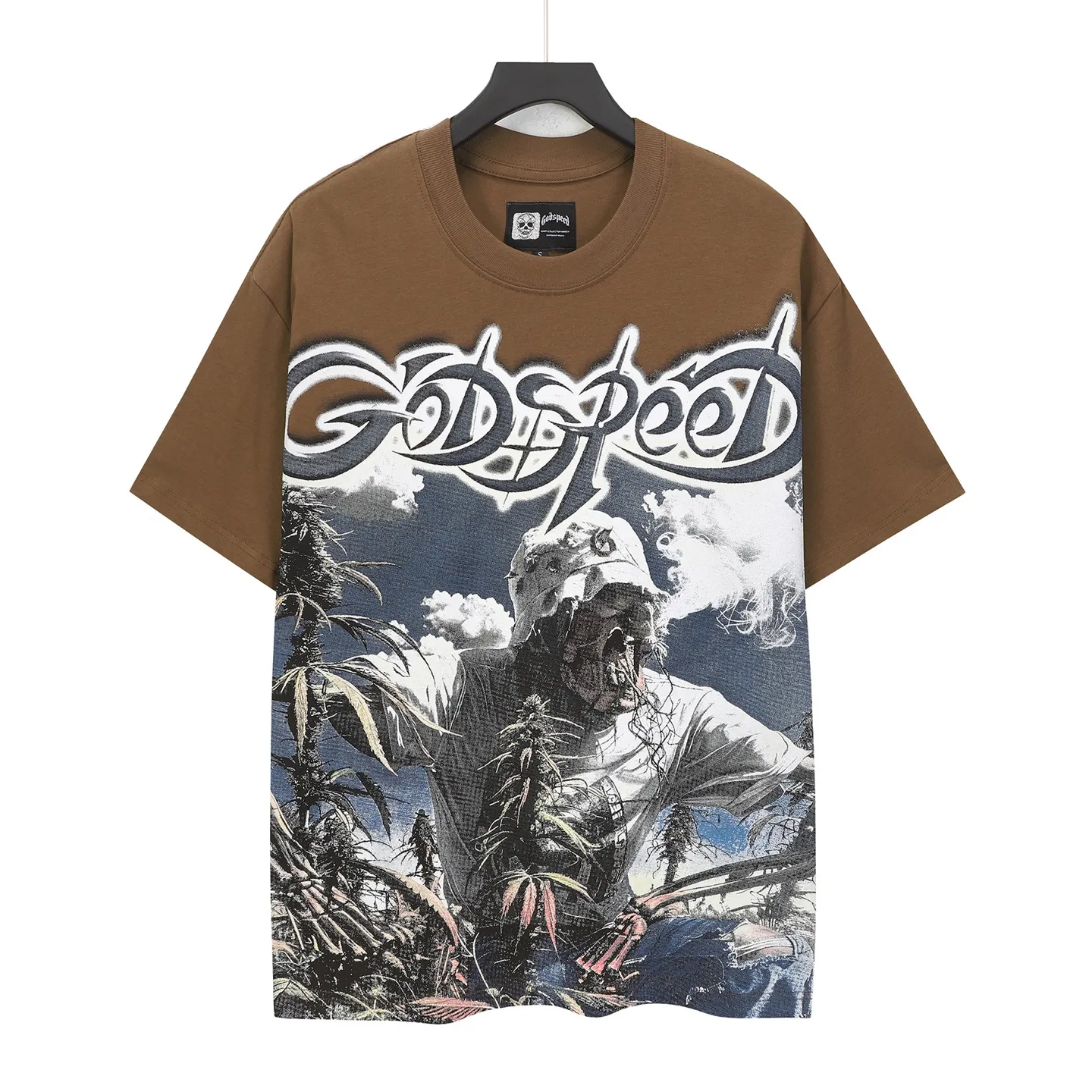 5100# Brown/Sea Blue/Golden Yellow I P106 Godspeed Cross-Border American Rock Street Washed Retro Style Short Sleeve T (Craft Print) Fabric (fabric) 32 Count Combed Double Yarn 240 Grams Size (size): S-M-L-XL Color (colour): Brown/Sea Blue/Golden Yellow 👉
