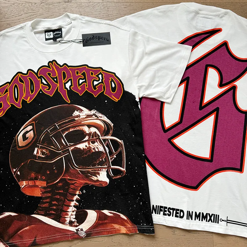 3122# P106 Real shot Godspeed American fashion rock street retro loose printed cotton short sleeves Fabric: 240g 32 count fine cotton double yarn pure cotton Color: off-white Size: S M L XL