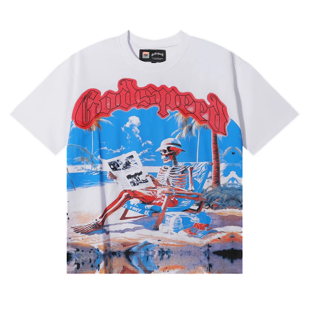 No. 7021, American trend Godspeed comfortable beach skull print high quality double yarn pure cotton casual short-sleeved T-shirt batch 110 Color: black, white; Size: S M L XL