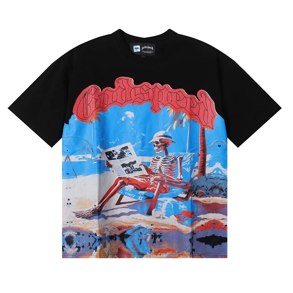 No. 7021, American trend Godspeed comfortable beach skull print high quality double yarn pure cotton casual short-sleeved T-shirt batch 110 Color: black, white; Size: S M L XL