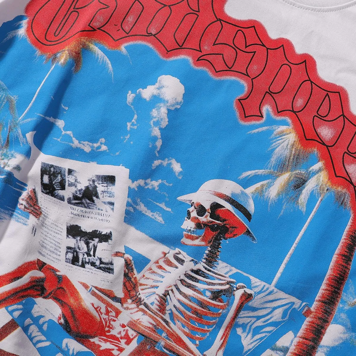 No. 7021, American trend Godspeed comfortable beach skull print high quality double yarn pure cotton casual short-sleeved T-shirt batch 110 Color: black, white; Size: S M L XL