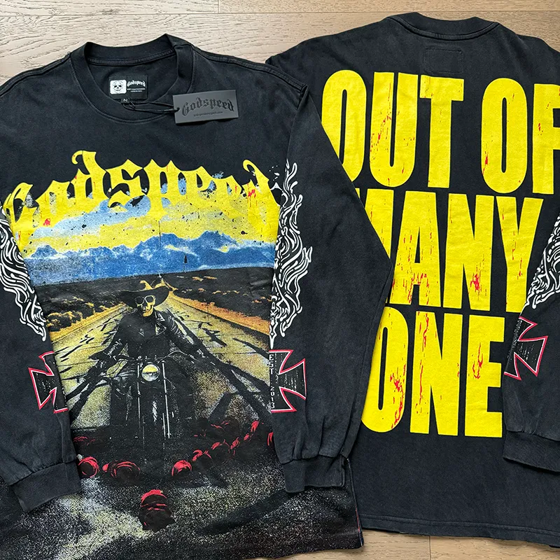 1100# P160 Washed Black Real Shot Godspeed American Fashion Rock Street Retro Washed Distressed Printed Pure Cotton Short Sleeves Fabric: 270g 32 Count Fine Cotton Double Yarn Pure Cotton Color: Washed Black Size: S M L XL