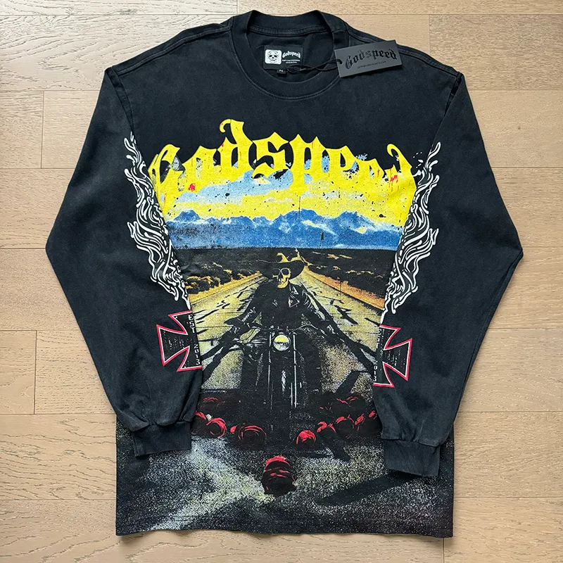 1100# P160 Washed Black Real Shot Godspeed American Fashion Rock Street Retro Washed Distressed Printed Pure Cotton Short Sleeves Fabric: 270g 32 Count Fine Cotton Double Yarn Pure Cotton Color: Washed Black Size: S M L XL