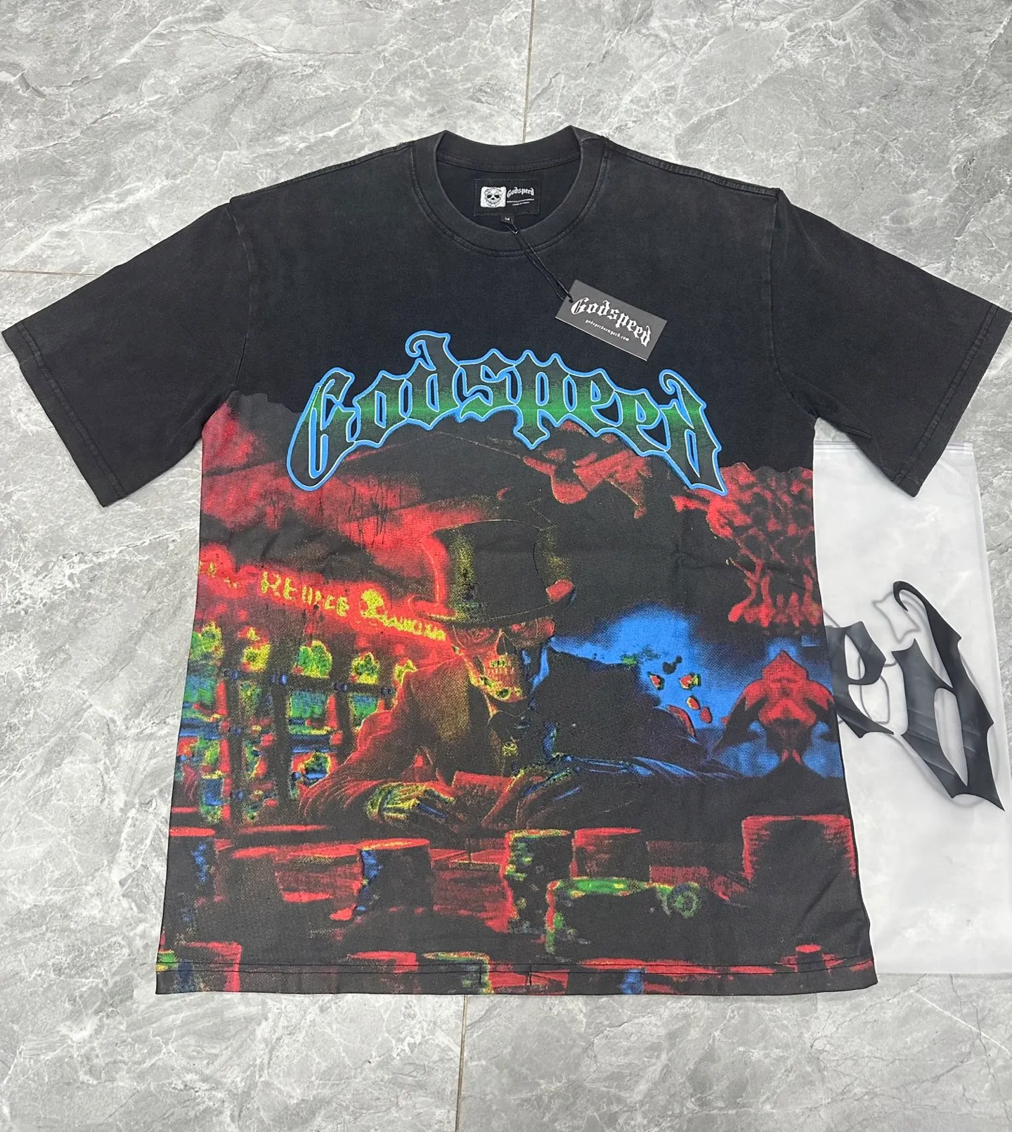 6060#washed black｜P116 Godspeed cross-border American rock and roll street washed retro style short-sleeved T (craft printing) fabric (fabric): 32 count combed double yarn 250g weight code number (size): S-M-L-XL color (colour): washed black