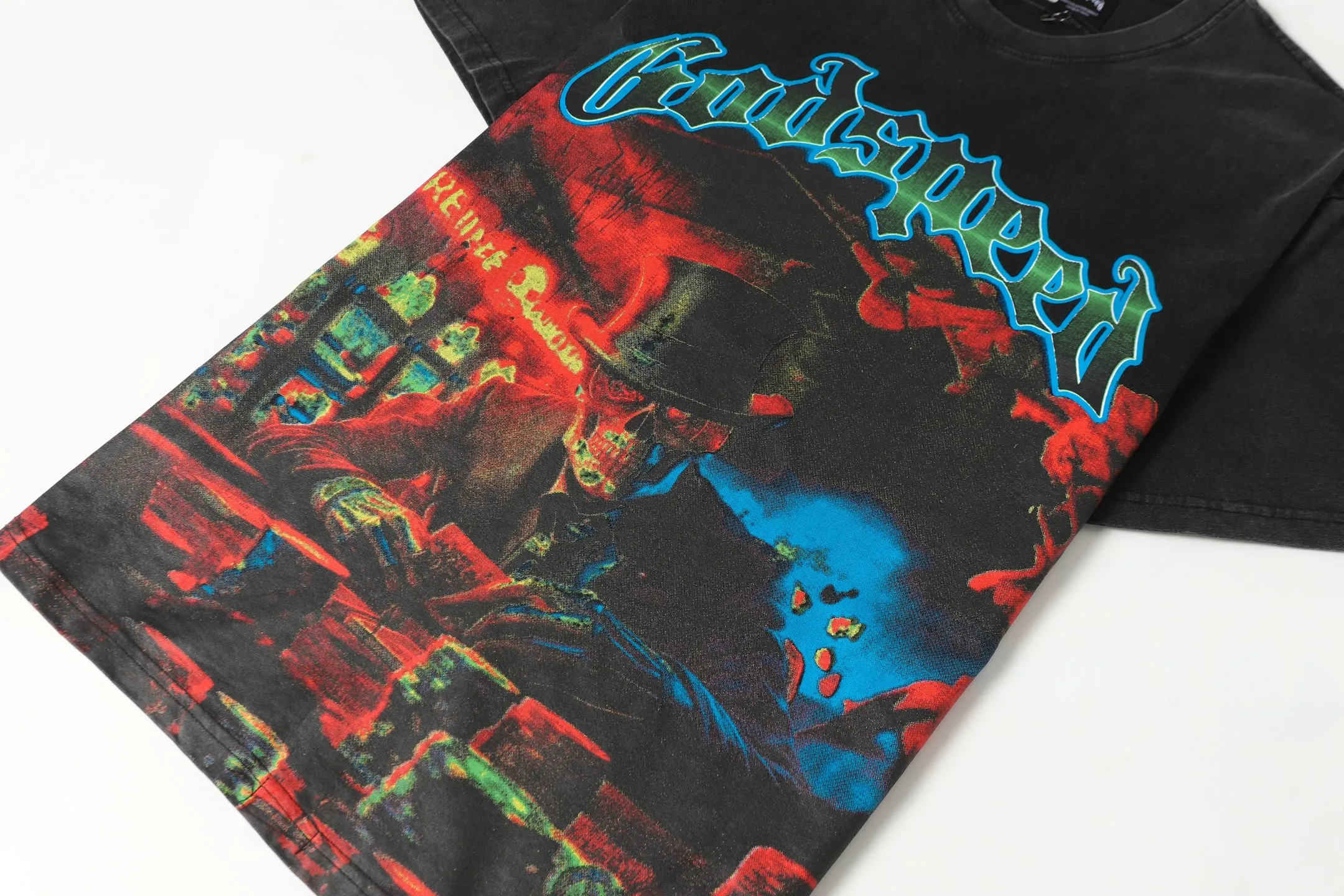 6060#washed black｜P116 Godspeed cross-border American rock and roll street washed retro style short-sleeved T (craft printing) fabric (fabric): 32 count combed double yarn 250g weight code number (size): S-M-L-XL color (colour): washed black