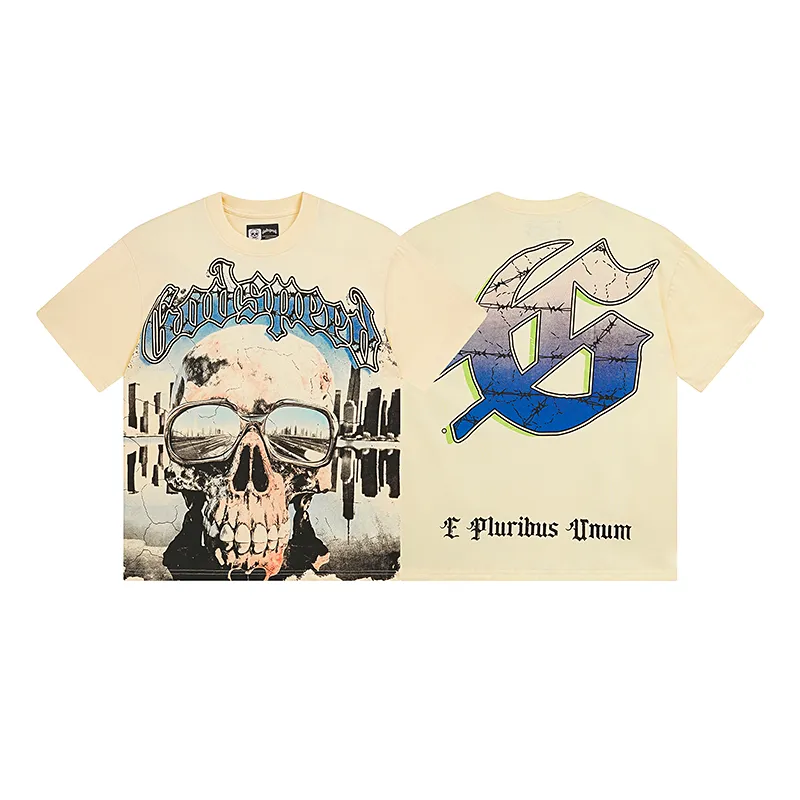 3037# P110 Real shot Godspeed American fashion rock street retro loose printed cotton short sleeves Fabric: 240g 32 count fine cotton double yarn pure cotton Color: apricot Size: S M L XL