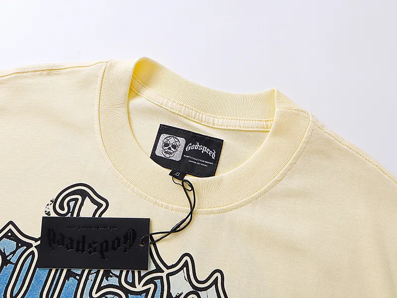 3037# P110 Real shot Godspeed American fashion rock street retro loose printed cotton short sleeves Fabric: 240g 32 count fine cotton double yarn pure cotton Color: apricot Size: S M L XL