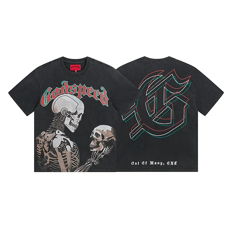 1060# P126 Washed Black Real Shot Godspeed American Fashion Rock Street Retro Washed Distressed Printed Pure Cotton Short Sleeves Fabric: 250g 32 Count Fine Cotton Double Yarn Pure Cotton Color: Washed Black Size: S M L XL