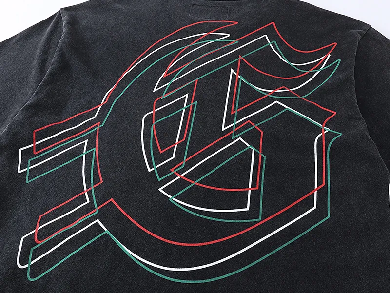 1060# P126 Washed Black Real Shot Godspeed American Fashion Rock Street Retro Washed Distressed Printed Pure Cotton Short Sleeves Fabric: 250g 32 Count Fine Cotton Double Yarn Pure Cotton Color: Washed Black Size: S M L XL