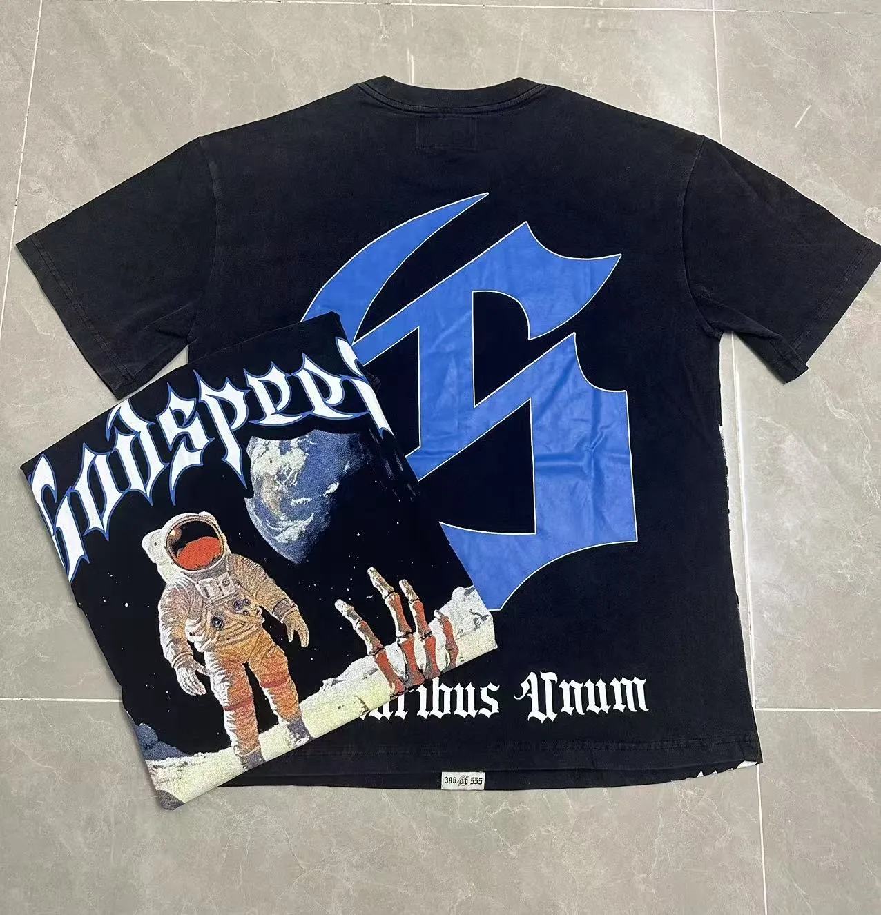 6109# washed black I P116 Godspeed cross-border American rock and roll street washed retro style short-sleeved T (craft printing) fabric (fabric): 32 count combed double yarn 250 grams weight code number (size): S-M-L-XL color (colour): washed black