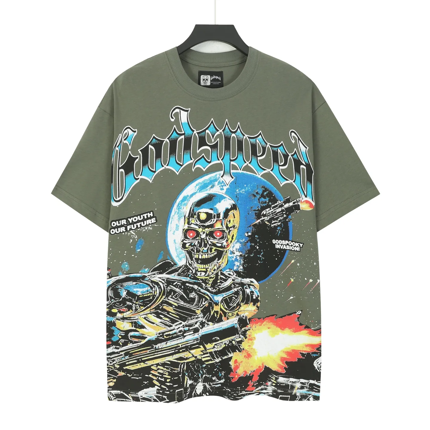5101#Army Green｜P106 Godspeed cross-border American rock and roll street washed retro style short-sleeved T (craft printing) fabric (fabric) 32 counts combed double yarn 240 grams weight code number (size): S-M-L-XL color (colour): military green 👉