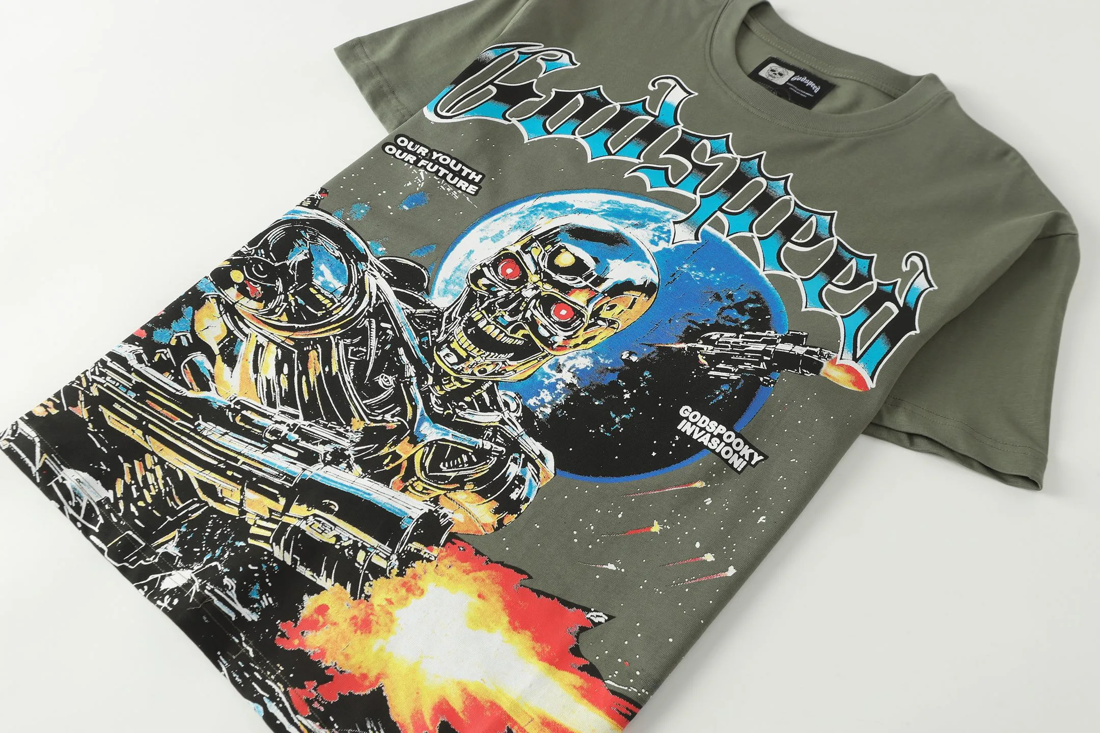 5101#Army Green｜P106 Godspeed cross-border American rock and roll street washed retro style short-sleeved T (craft printing) fabric (fabric) 32 counts combed double yarn 240 grams weight code number (size): S-M-L-XL color (colour): military green 👉