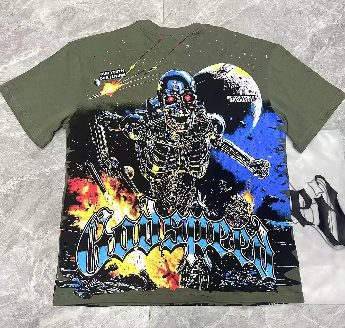 5101#Army Green｜P106 Godspeed cross-border American rock and roll street washed retro style short-sleeved T (craft printing) fabric (fabric) 32 counts combed double yarn 240 grams weight code number (size): S-M-L-XL color (colour): military green 👉