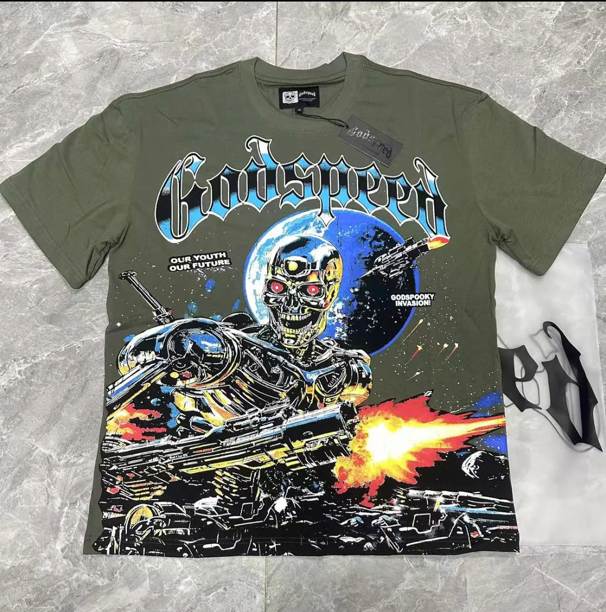 5101#Army Green｜P106 Godspeed cross-border American rock and roll street washed retro style short-sleeved T (craft printing) fabric (fabric) 32 counts combed double yarn 240 grams weight code number (size): S-M-L-XL color (colour): military green 👉