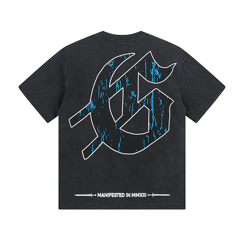 1028# P126 Washed Black Real Shot Godspeed American Fashion Rock Street Retro Washed Distressed Printed Pure Cotton Short Sleeves Fabric: 250g 32 Count Fine Cotton Double Yarn Pure Cotton Color: Washed Black Size: S M L XL