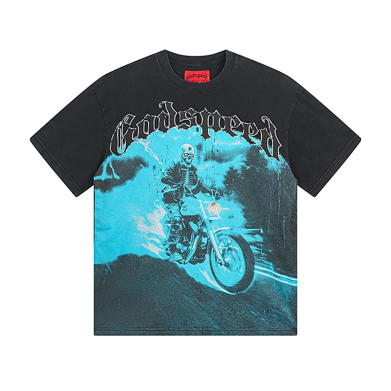 1073# P126 Washed Black Real Shot Godspeed American Fashion Rock Street Retro Washed Distressed Printed Cotton Short Sleeves Fabric: 250g 32 Count Fine Cotton Double Yarn Pure Cotton Color: Washed Black Size: S M L XL
