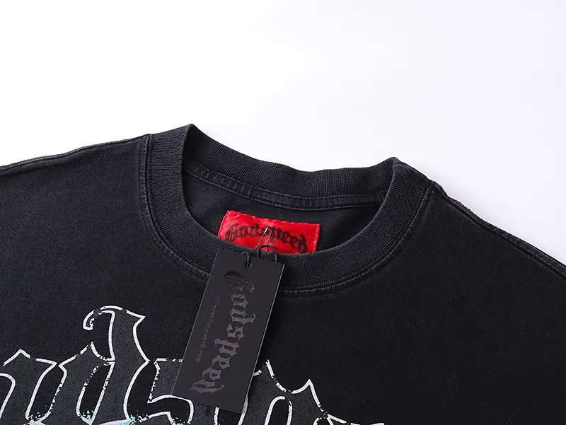 1073# P126 Washed Black Real Shot Godspeed American Fashion Rock Street Retro Washed Distressed Printed Cotton Short Sleeves Fabric: 250g 32 Count Fine Cotton Double Yarn Pure Cotton Color: Washed Black Size: S M L XL