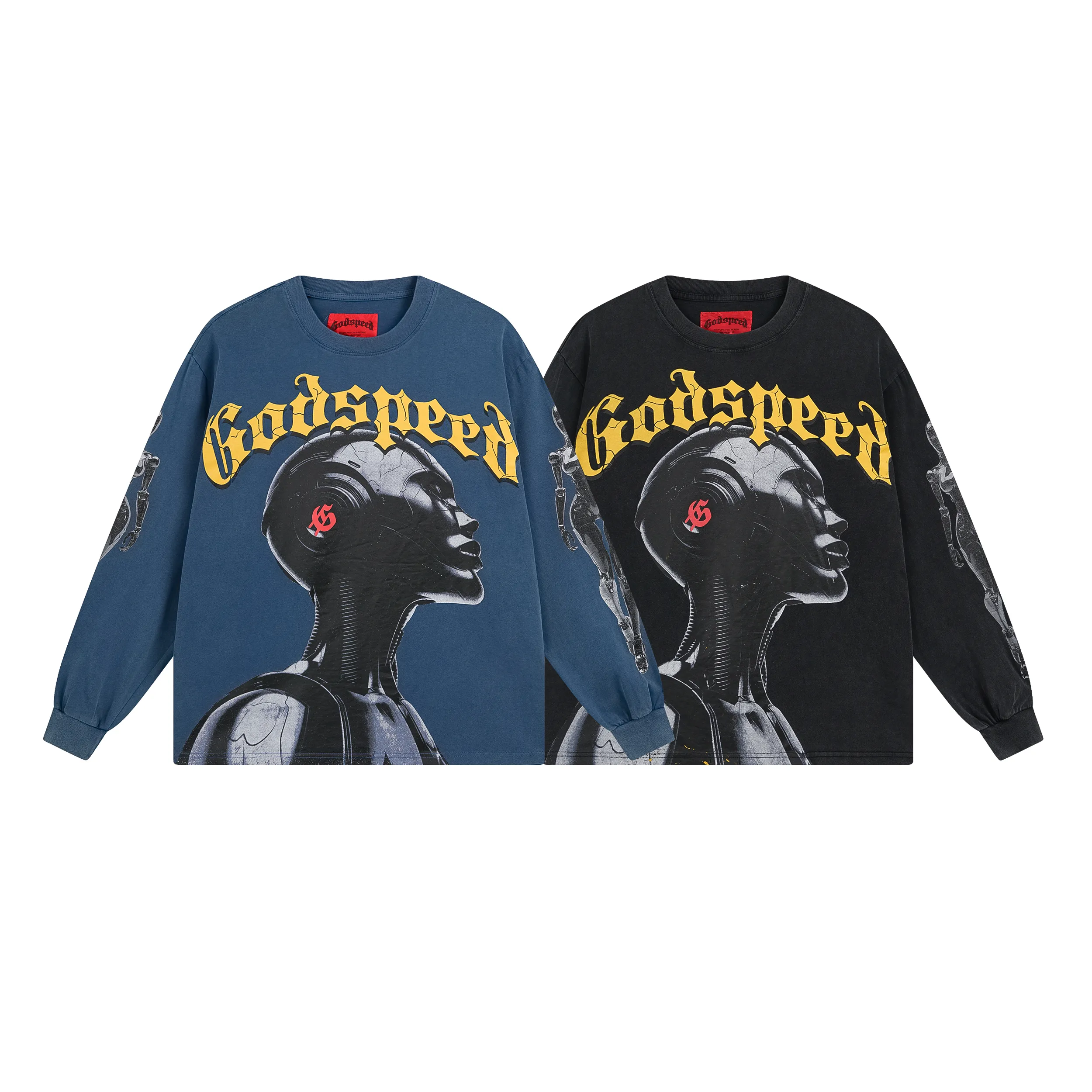 1096# P160 Washed Style Real Shot Godspeed American Fashion Rock Street Retro Washed Distressed Printed Pure Cotton Short Sleeves Fabric: 270g 32 Count Fine Cotton Double Yarn Pure Cotton Color: Washed Black Washed Blue Code Number: S M L XL